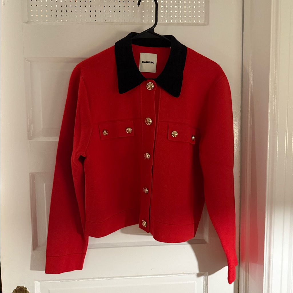 Sandro Women's Red Jacket With Black Collar (Coatigan) - Never Worn